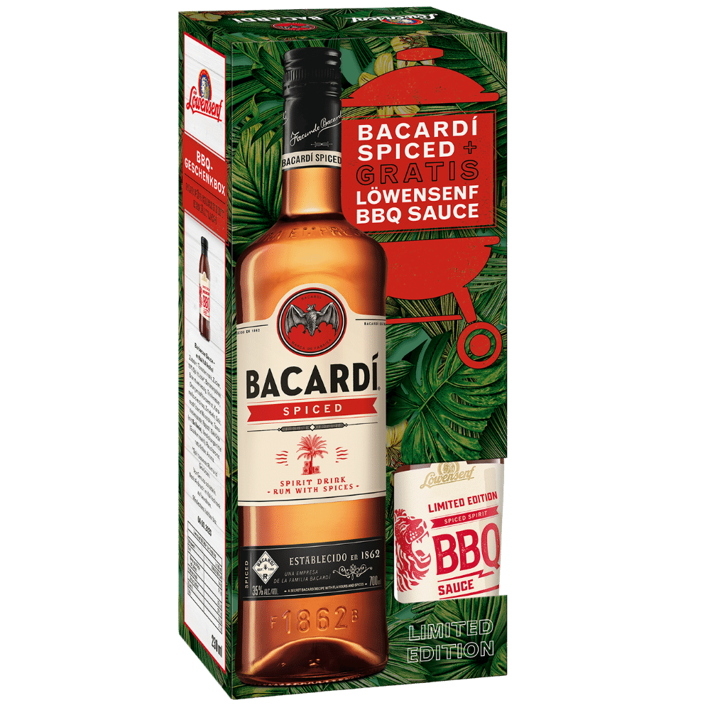 Bacardi Spiced Spirit Drink (Rum-Basis) Geschenkset mit Löwensenf BBQ Sauce